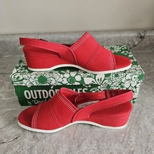 Vintage retro Summer Canvas  Red Slingback Wedge Sandal 8 Narrow